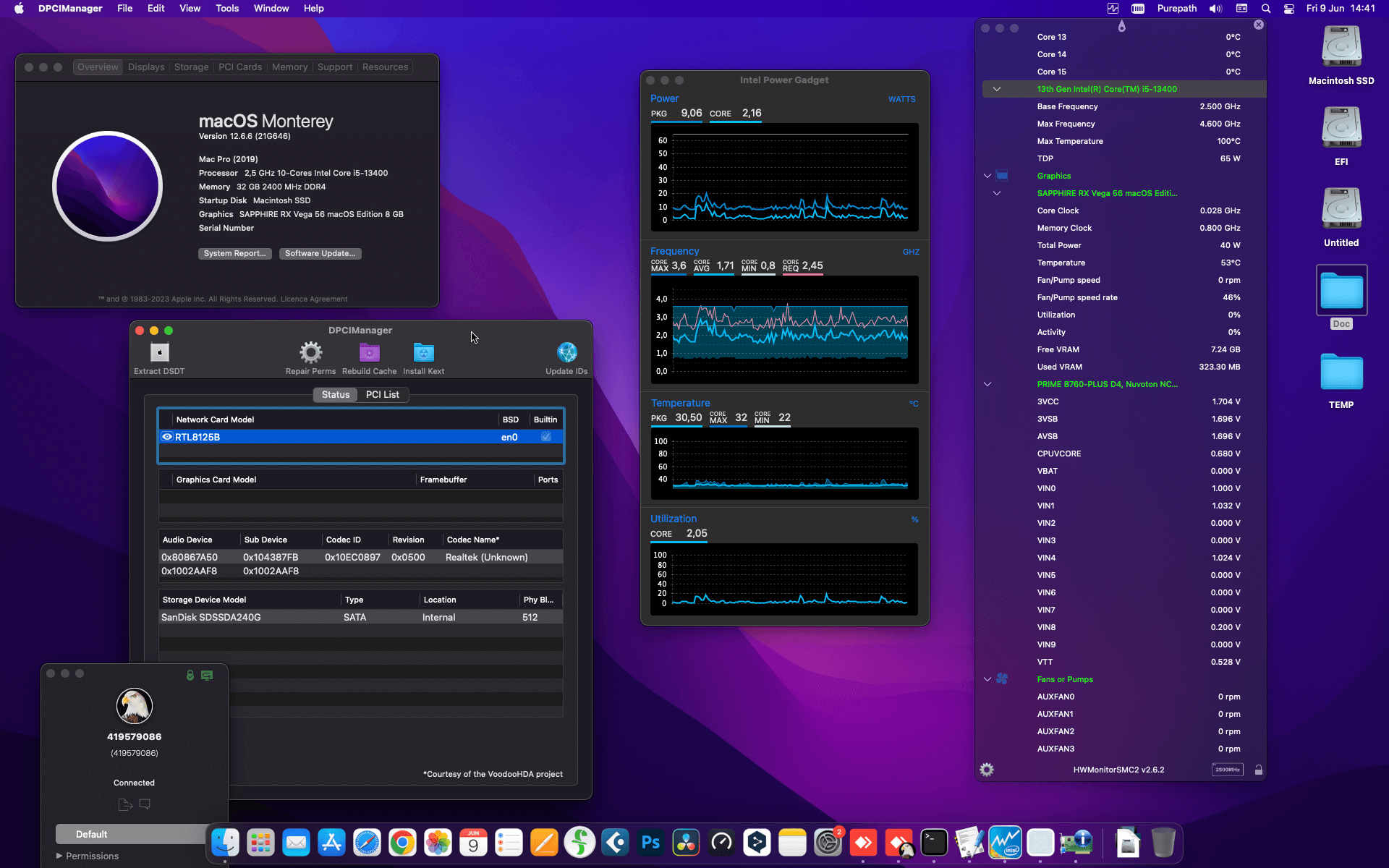 Success Hackintosh macOS Monterey 12.6.6 Build 21G646 in Asus Prime B760-Plus D4 + Intel Core i5 13400 + Sapphire RX Vega 56